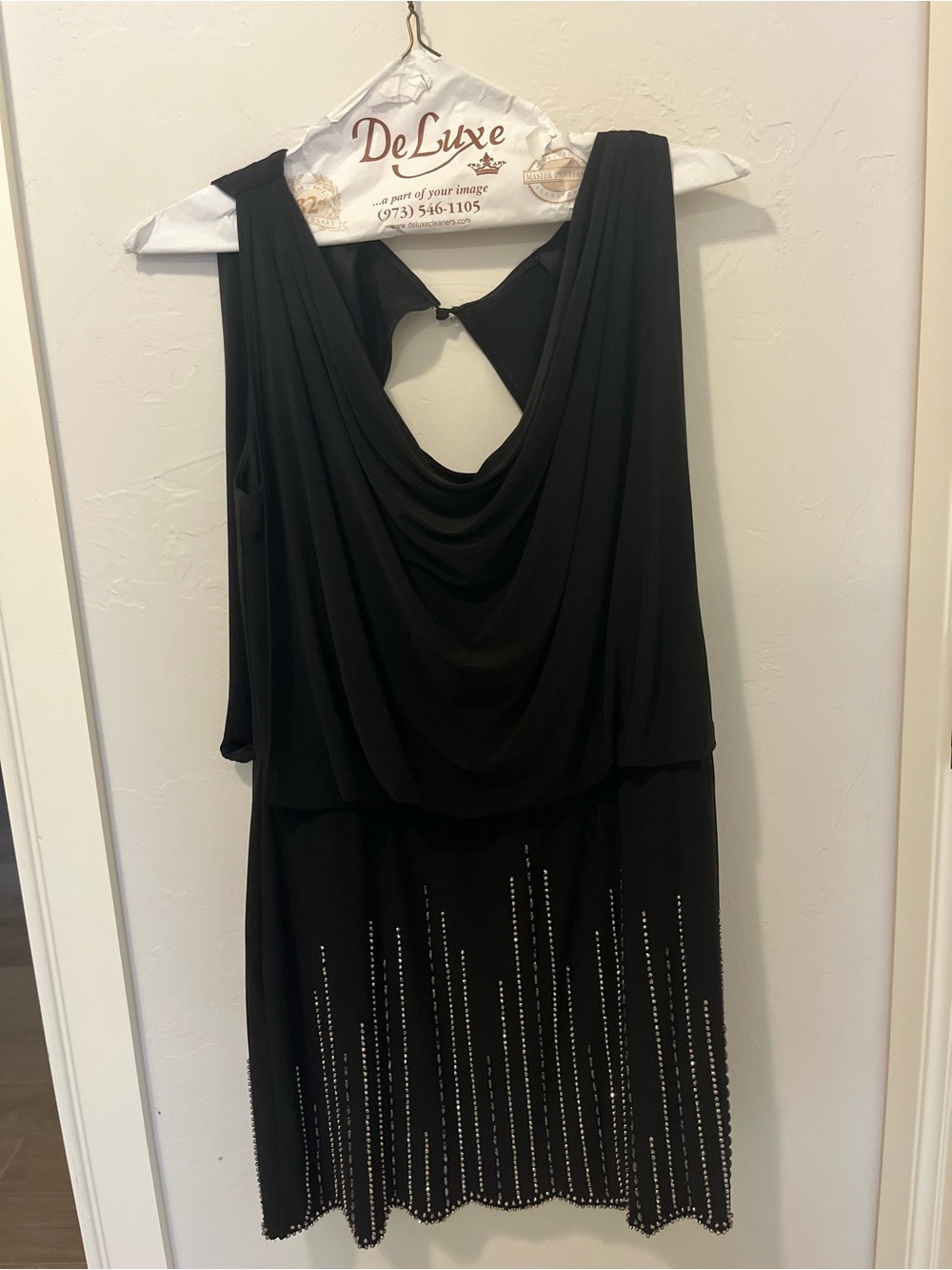 Xscape Black Draped Mini Dress with Rhinestone Embellishments